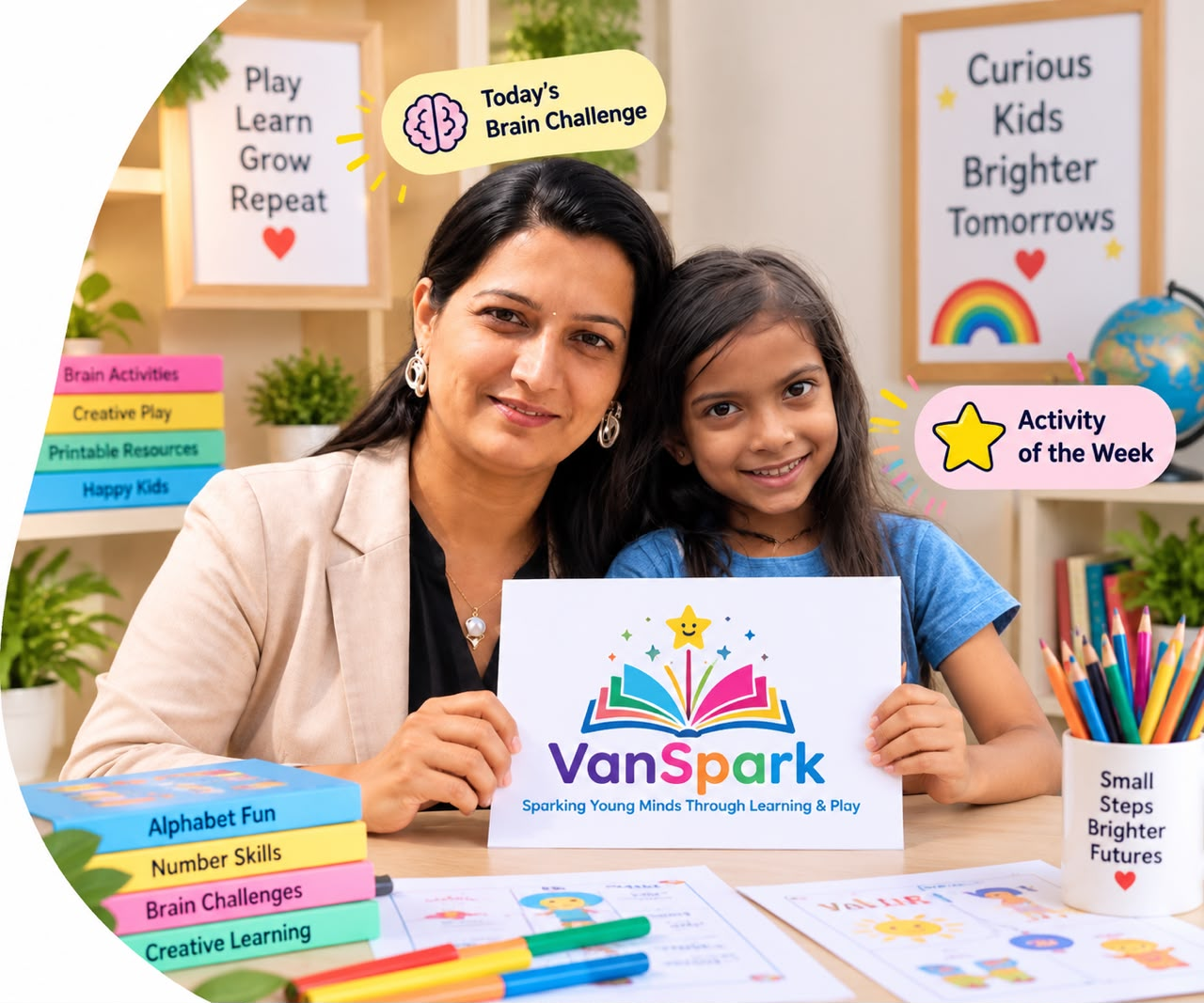 Vandana and her daughter Vedi with VanSpark learning resources
